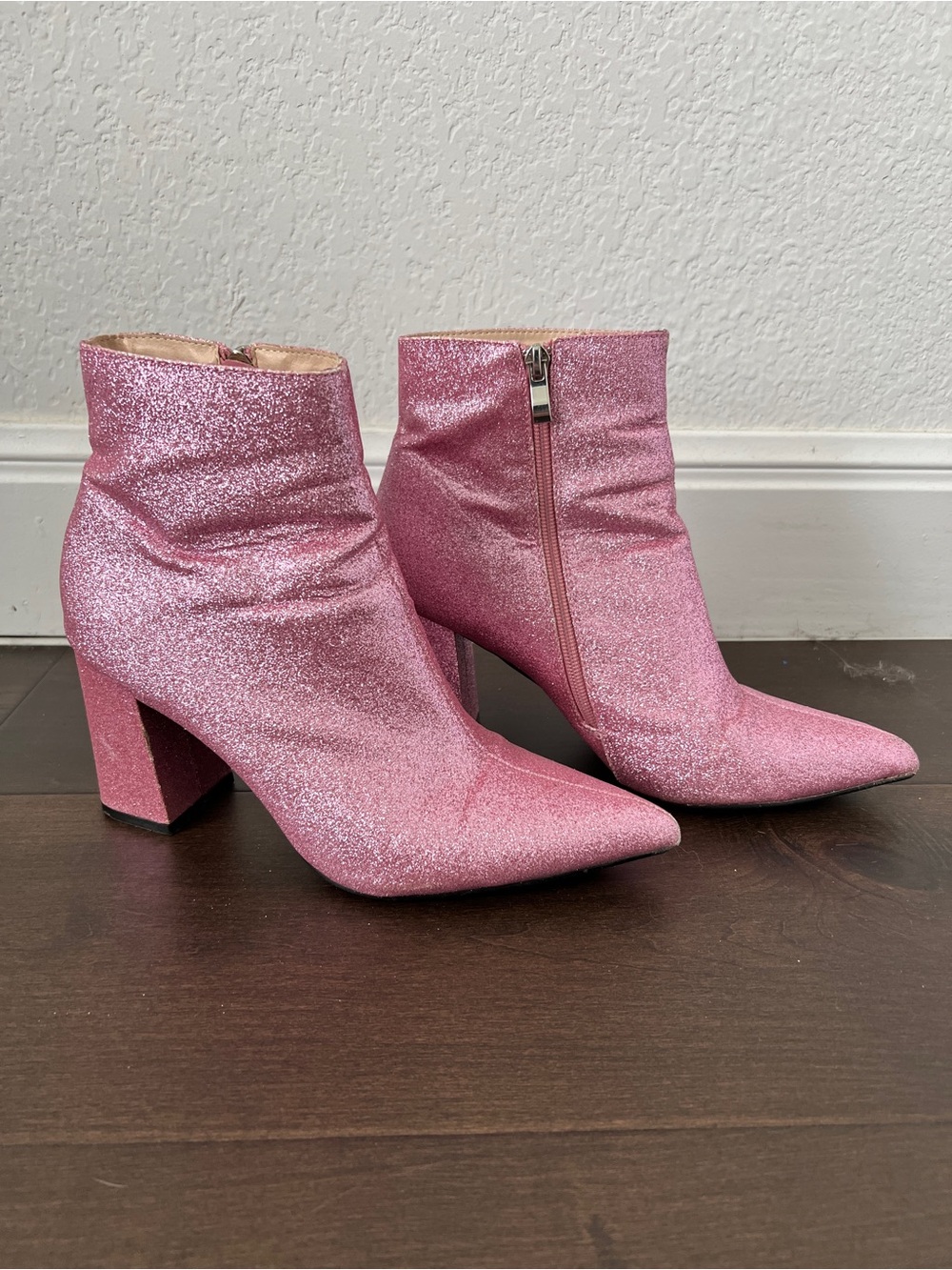 Public Desire Pink Glitter Pointed-Toe Ankle Boots